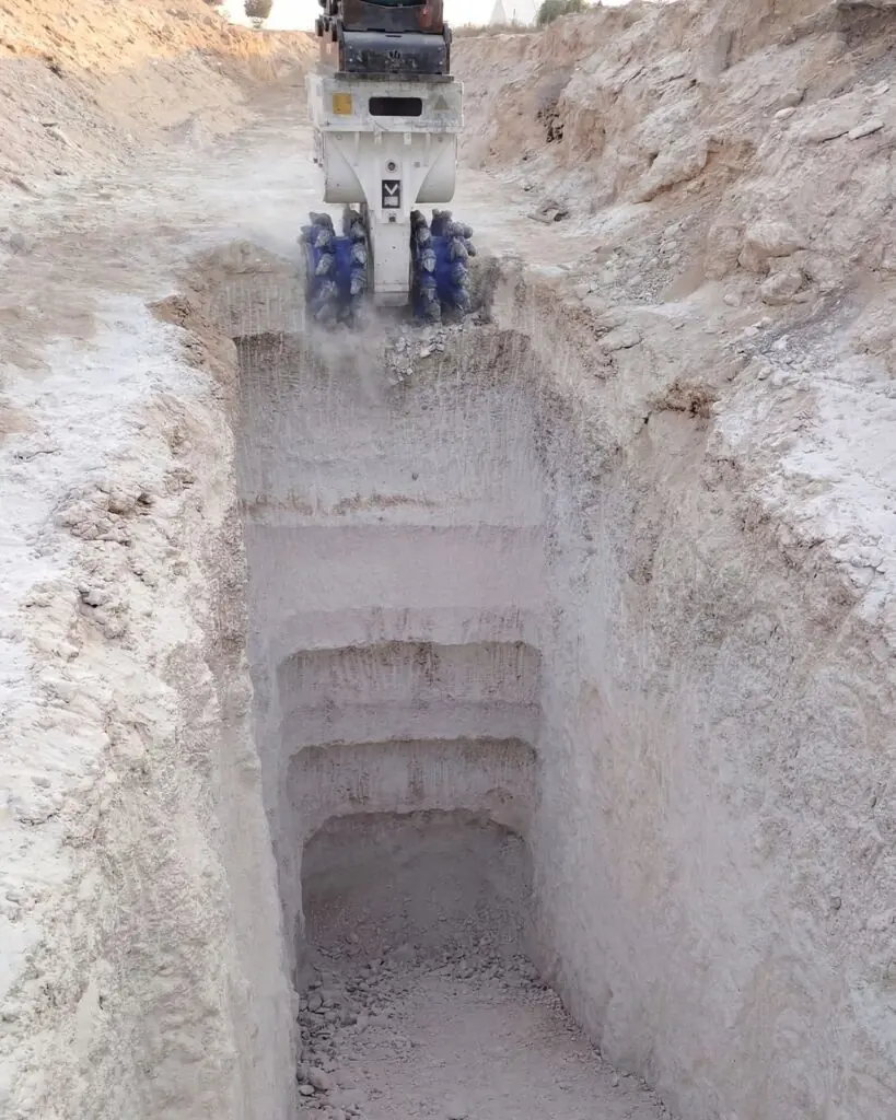 KEMROC KR 120 Rotary Drum Cutter in Trenching Project. Mounted on Kobleco SK350 | Cutting Hard Limestone in Dubai, United Arab Emirates.
